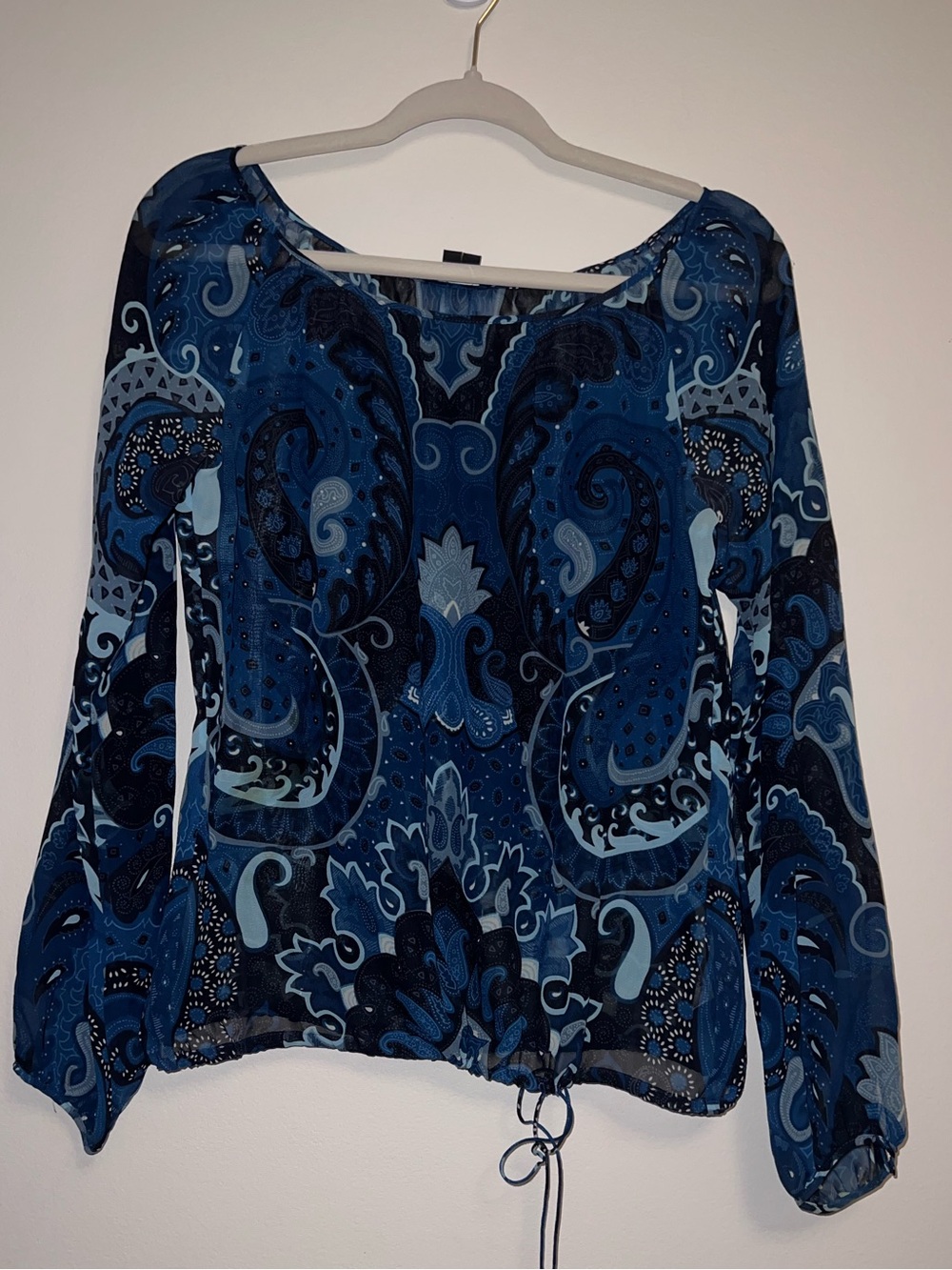 Theory Women’s M Blue Paisley Long-Sleeve 100% Silk Blouse Sheer Cowgirl Western